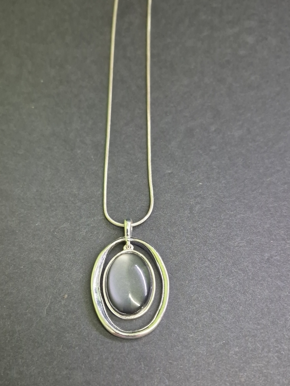 Silver Tone Oval Pendant 16" In. Necklace with Gray Cats Eye Cabochon